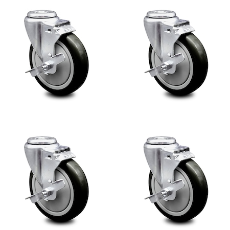 Service Caster 5 Inch Black Polyurethane Wheel Swivel Bolt Hole Caster Set with Brake SCC SCC-BH20S514-PPUB-BLK-TLB-4
